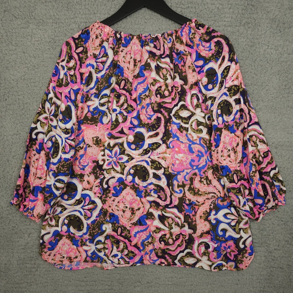 Talbots Shirt Womens XLP Petite Pink Blue Floral Ruffle Trim Keyhole Neck Blouse - Picture 2 of 10